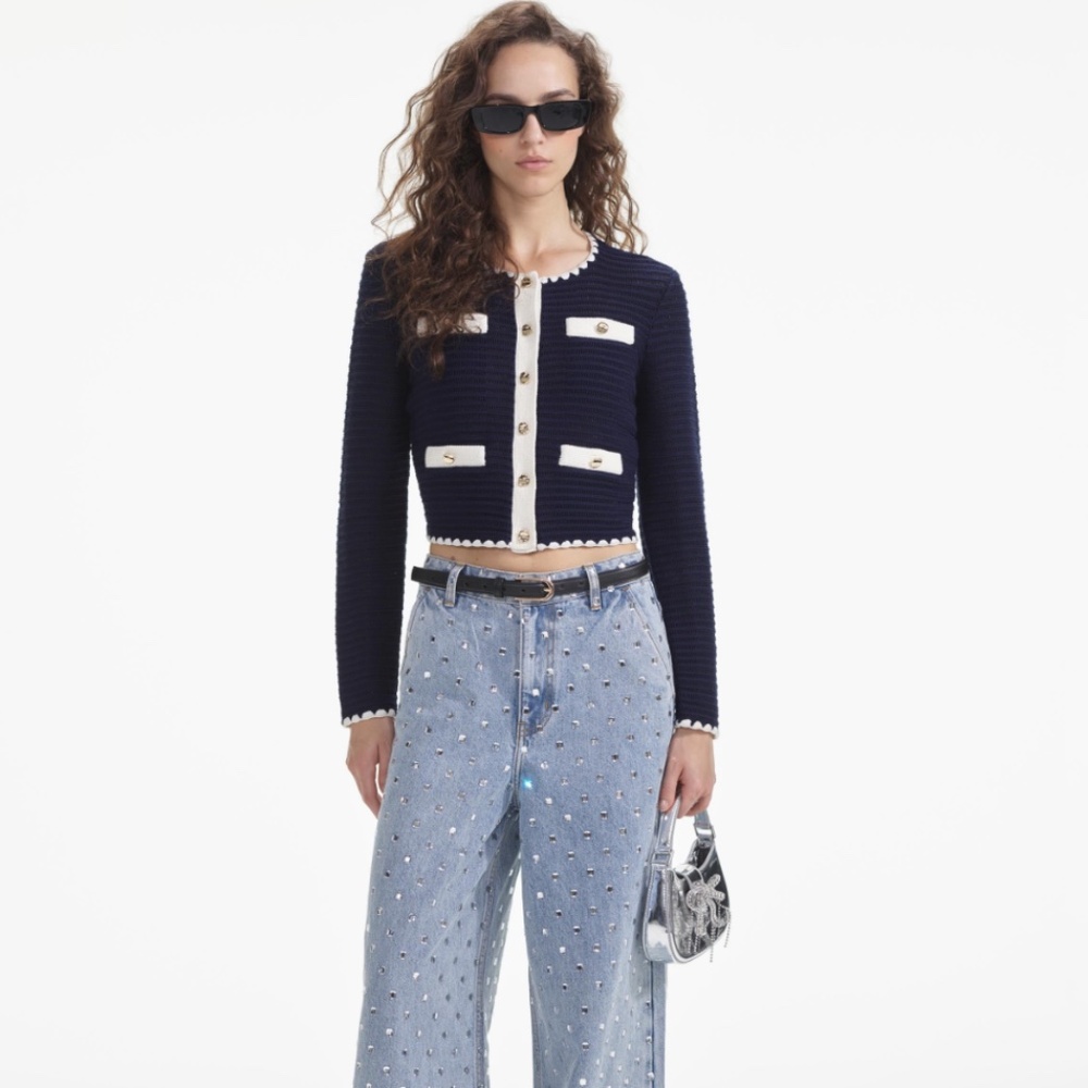 self-portrait Navy Crochet Contrast Trim Cardigan Size Medium - MSRP $510 - NWT